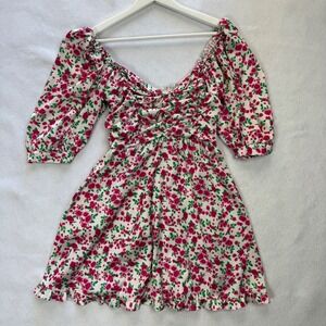 For Love Bell Womens  Floral Print Smocked Puff Sleeve Mini Dress M Milkmaid